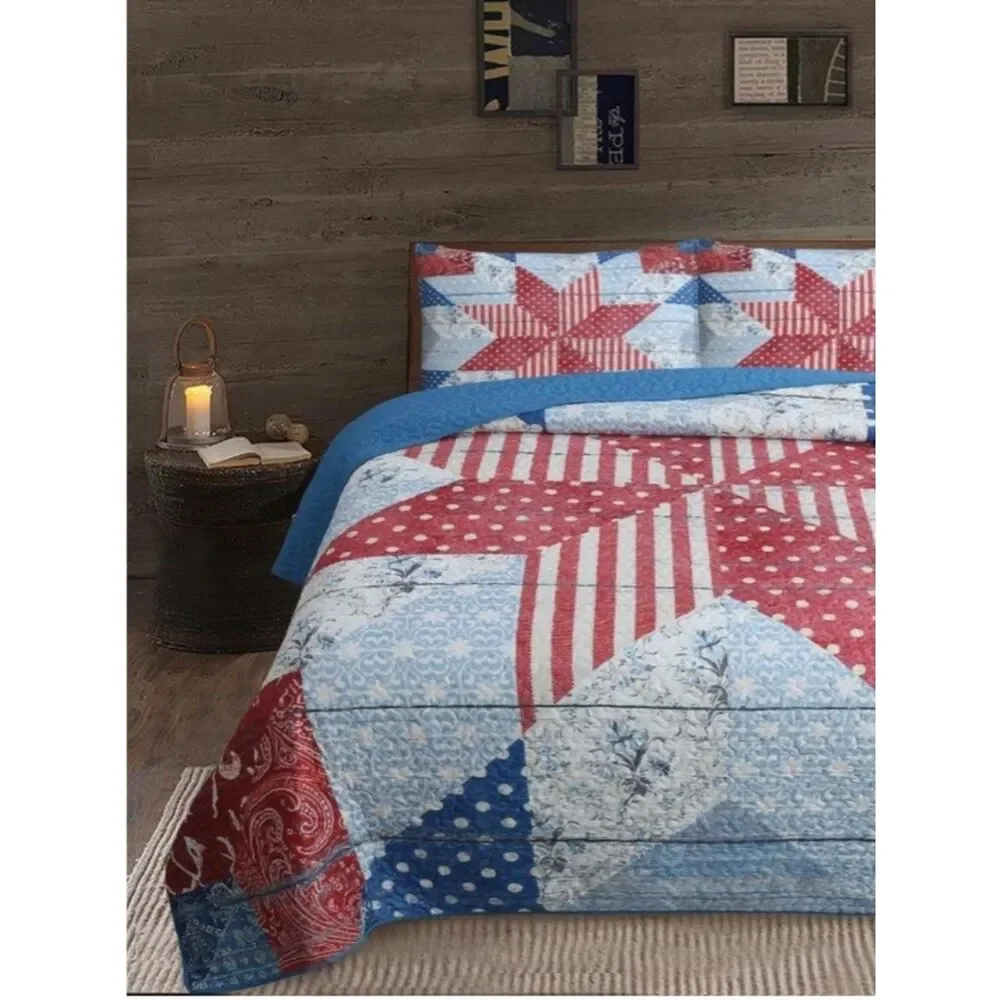 Americana Liberty Star Vintage Look King Quilt Set Patriotic Red White Blue